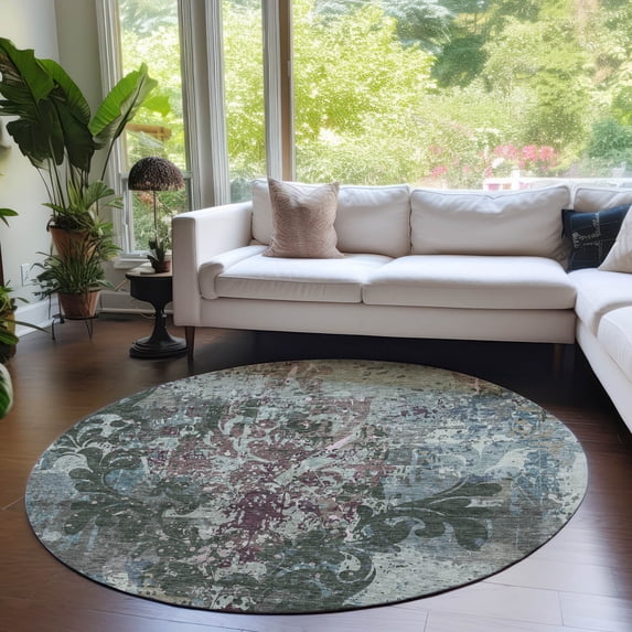 Addison Rugs Chantille Indoor/Outdoor Transitional Damask Fern Washable Round Rug, 8' x 8'