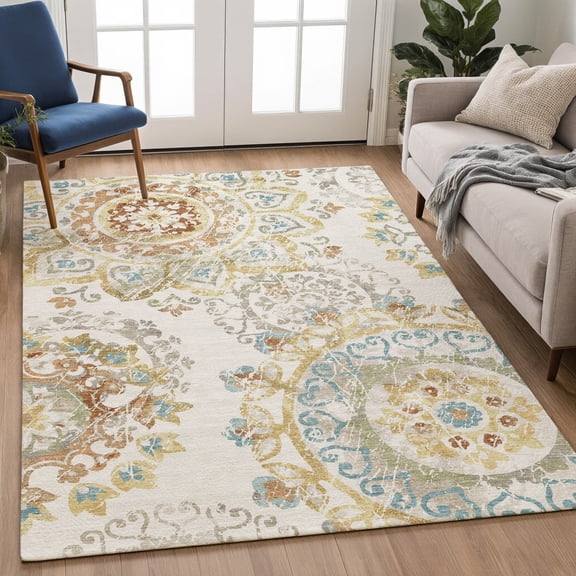 Addison Rugs Chantille Indoor/Outdoor Transitional Damask Ivory Machine Washable Rectangle Rug, 3' x 5'