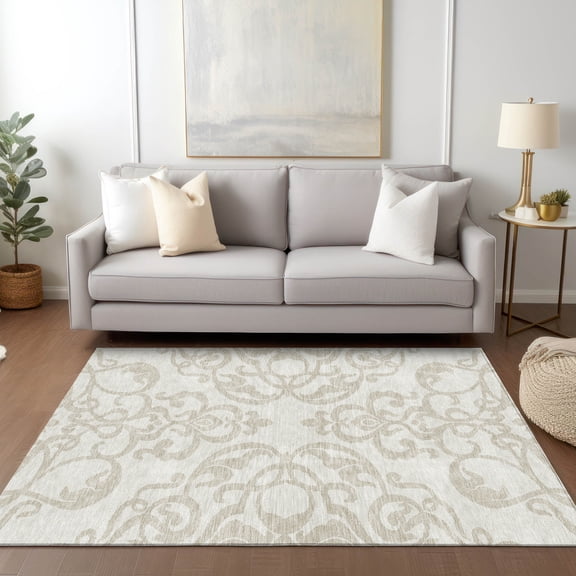 Addison Rugs Chantille Indoor/Outdoor Transitional Damask Ivory Washable Rectangle Rug, 5' x 7'6"