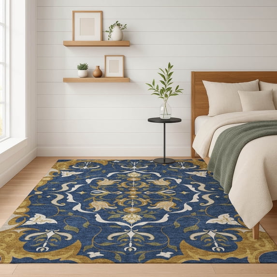 Addison Rugs Chantille Indoor/Outdoor Transitional Damask Navy Machine Washable Rectangle Rug, 5' x 7'6"