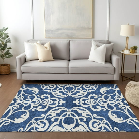 Addison Rugs Chantille Indoor/Outdoor Transitional Damask Navy Washable Rectangle Rug, 5' x 7'6"