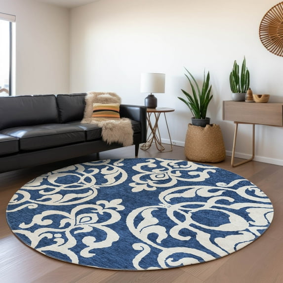 Addison Rugs Chantille Indoor/Outdoor Transitional Damask Navy Washable Round Rug, 8' x 8'