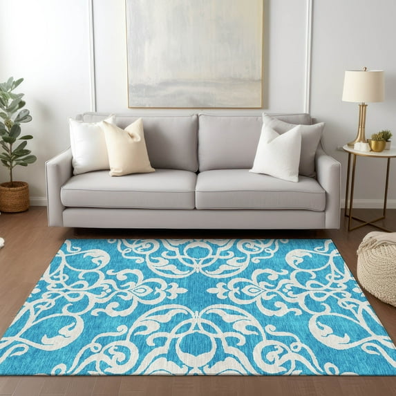 Addison Rugs Chantille Indoor/Outdoor Transitional Damask Turquoise Washable Rectangle Rug, 8' x 10'