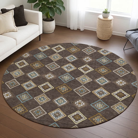 Addison Rugs Chantille Indoor/Outdoor Transitional Diamond Chocolate Machine Washable Round Rug, 8' x 8'