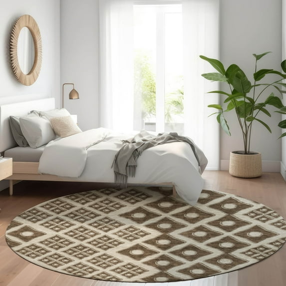 Addison Rugs Chantille Indoor/Outdoor Transitional Diamonds Brown Washable Round Rug, 8' x 8'