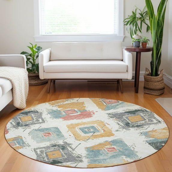 Addison Rugs Chantille Indoor/Outdoor Transitional Diamonds Ivory Washable Round Rug, 8' x 8'