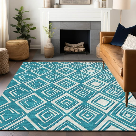 Addison Rugs Chantille Indoor/Outdoor Transitional Diamonds Teal Washable Rectangle Rug, 8' x 10'