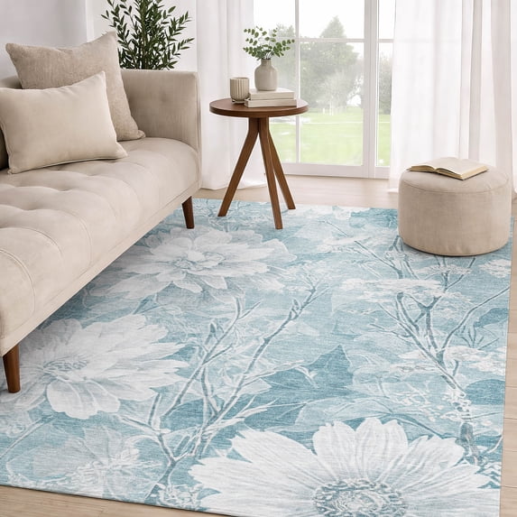 Addison Rugs Chantille Indoor/Outdoor Transitional Floral Aqua Machine Washable Rectangle Rug, 3' x 5'