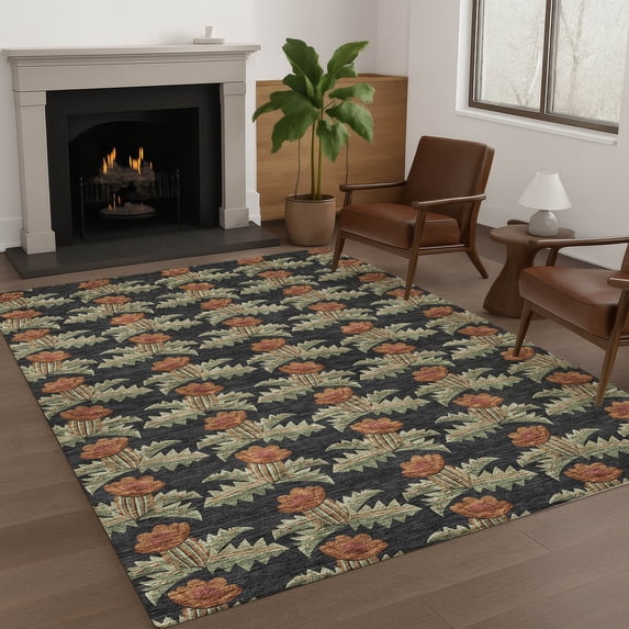 Addison Rugs Chantille Indoor/Outdoor Transitional Floral Black Machine Washable Rectangle Rug, 10' x 14'