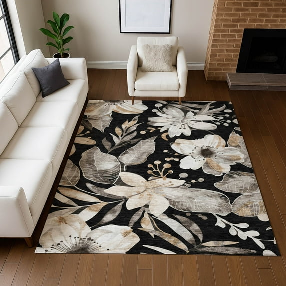 Addison Rugs Chantille Indoor/Outdoor Transitional Floral Black Machine Washable Rectangle Rug, 5' x 7'6"