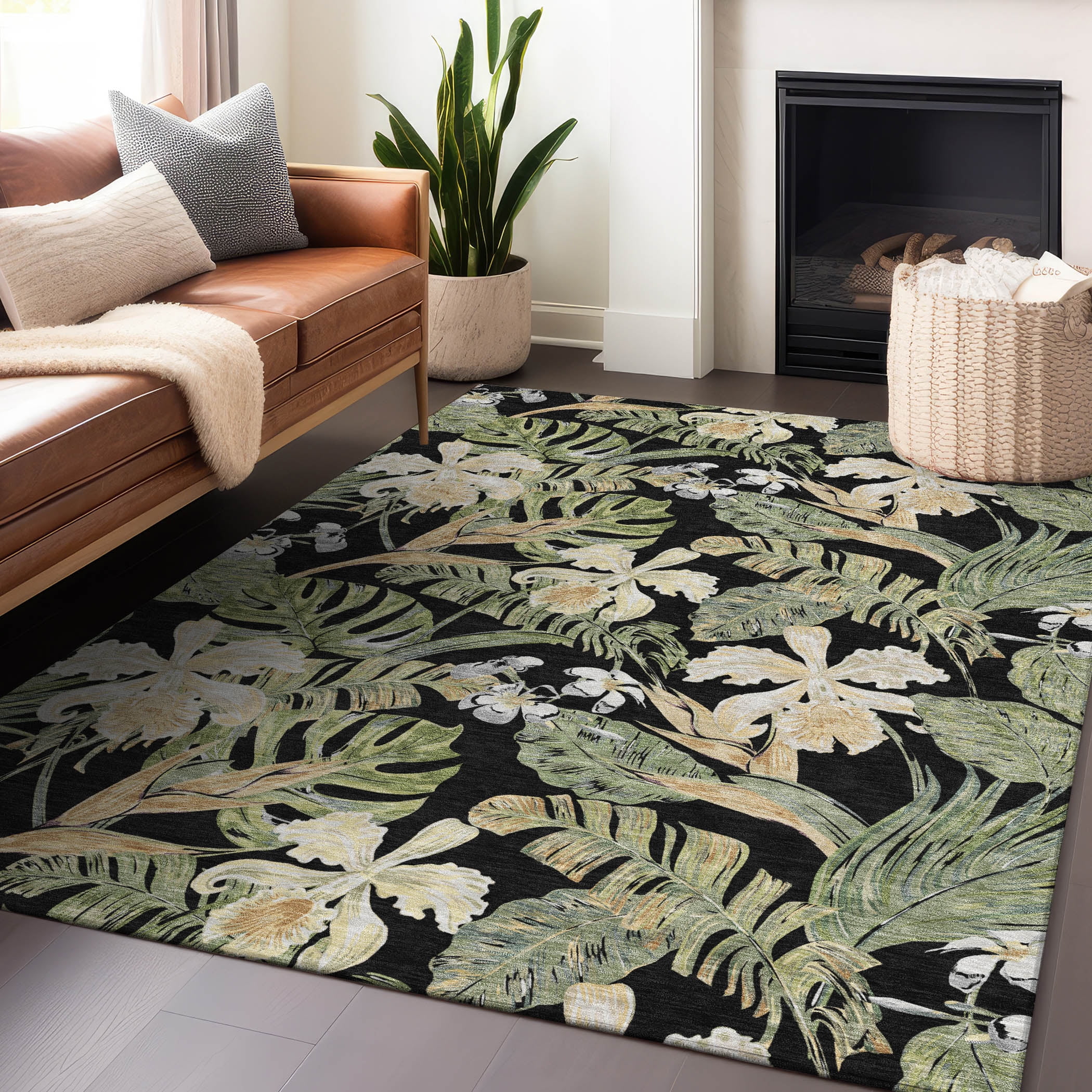 Addison Rugs Chantille Indoor/Outdoor Transitional Floral Black Washable Rectangle Rug, 2'6" x 3'10"
