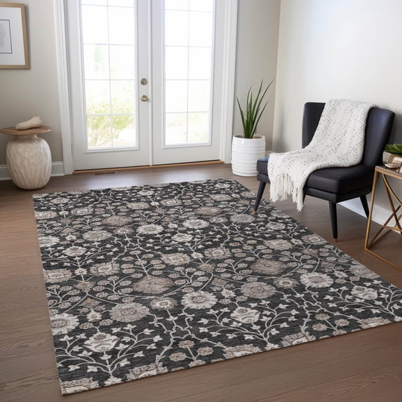 Addison Rugs Chantille Indoor/Outdoor Transitional Floral Black Washable Rectangle Rug, 3' x 5'