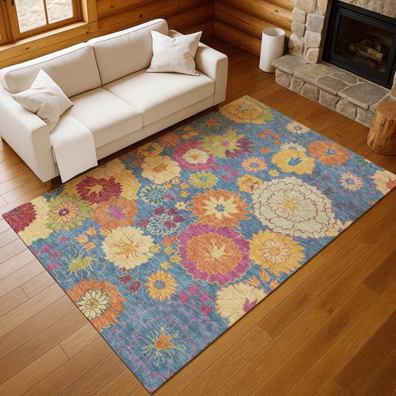 Addison Rugs Chantille Indoor/Outdoor Transitional Floral Blue Machine Washable Rectangle Rug, 3' x 5'