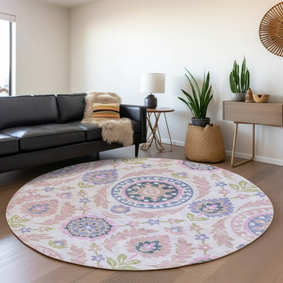 Addison Rugs Chantille Indoor/Outdoor Transitional Floral Blush Washable Round Rug, 8' x 8'