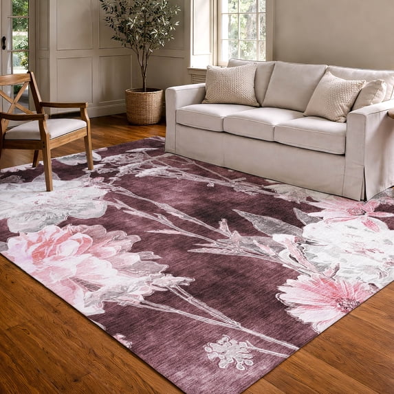 Addison Rugs Chantille Indoor/Outdoor Transitional Floral Burgundy Machine Washable Rectangle Rug, 10' x 14'