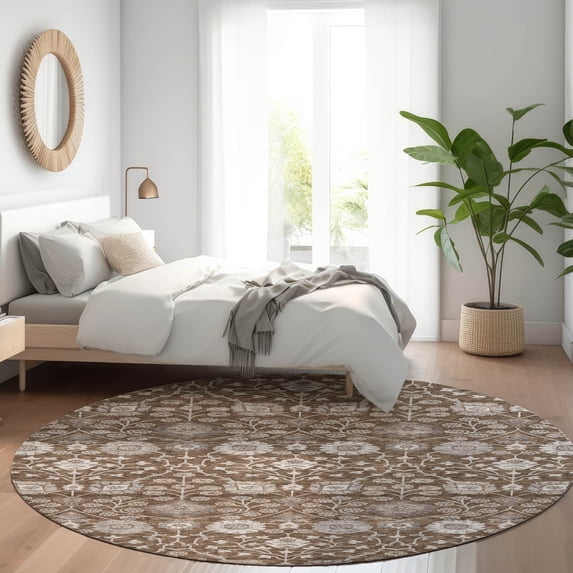 Addison Rugs Chantille Indoor/Outdoor Transitional Floral Chocolate Washable Round Rug, 8' x 8'