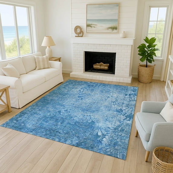 Addison Rugs Chantille Indoor/Outdoor Transitional Floral Denim Machine Washable Rectangle Rug, 8' x 10'