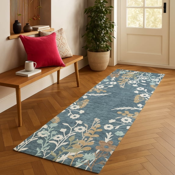 Addison Rugs Chantille Indoor/Outdoor Transitional Floral Denim Machine Washable Runner Rug, 2'3" x 7'6"