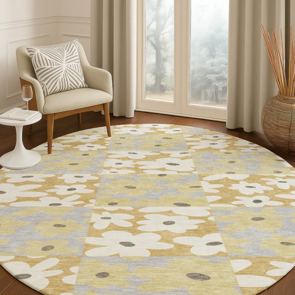 Addison Rugs Chantille Indoor/Outdoor Transitional Floral Gold Machine Washable Round Rug, 8' x 8'