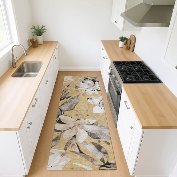 Addison Rugs Chantille Indoor/Outdoor Transitional Floral Gold Machine Washable Runner Rug, 2'3" x 7'6"