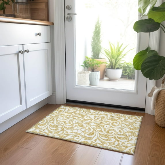 Addison Rugs Chantille Indoor/Outdoor Transitional Floral Gold Washable Rectangle Rug, 1'8" x 2'6"