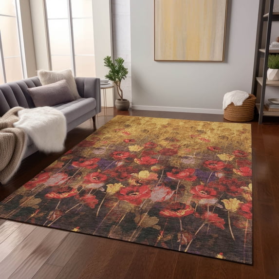 Addison Rugs Chantille Indoor/Outdoor Transitional Floral Gold Washable Rectangle Rug, 3' x 5'