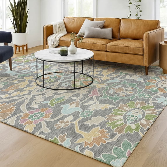 Addison Rugs Chantille Indoor/Outdoor Transitional Floral Gray Machine Washable Rectangle Rug, 5' x 7'6"