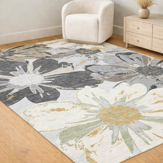 Addison Rugs Chantille Indoor/Outdoor Transitional Floral Gray Machine Washable Rectangle Rug, 9' x 12'