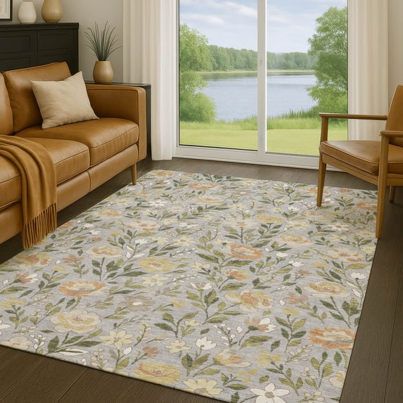 Addison Rugs Chantille Indoor/Outdoor Transitional Floral Gray Machine Washable Rectangle Rug, 9' x 12'