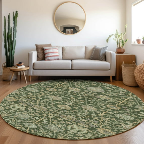 Addison Rugs Chantille Indoor/Outdoor Transitional Floral Green Washable Round Rug, 8' x 8'