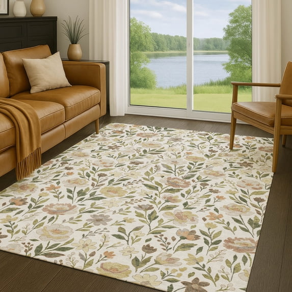 Addison Rugs Chantille Indoor/Outdoor Transitional Floral Ivory Machine Washable Rectangle Rug, 10' x 14'