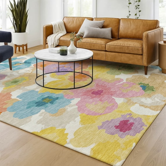 Addison Rugs Chantille Indoor/Outdoor Transitional Floral Ivory Machine Washable Rectangle Rug, 8' x 10'