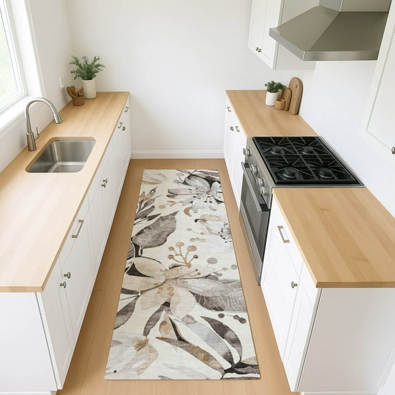 Addison Rugs Chantille Indoor/Outdoor Transitional Floral Ivory Machine Washable Runner Rug, 2'3" x 7'6"