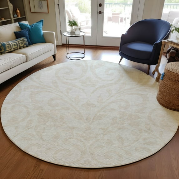 Addison Rugs Chantille Indoor/Outdoor Transitional Floral Ivory Washable Round Rug, 8' x 8'