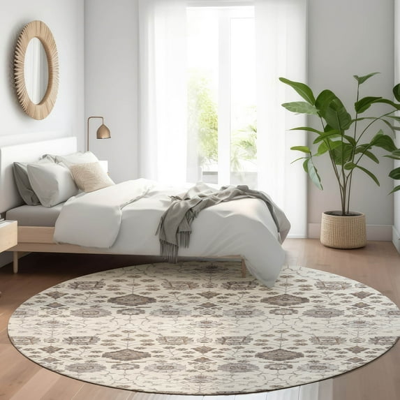 Addison Rugs Chantille Indoor/Outdoor Transitional Floral Ivory Washable Round Rug, 8' x 8'
