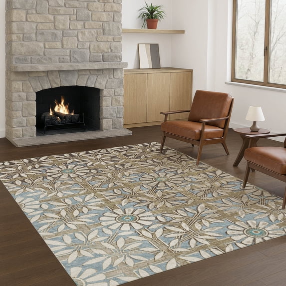 Addison Rugs Chantille Indoor/Outdoor Transitional Floral Khaki Machine Washable Rectangle Rug, 5' x 7'6"
