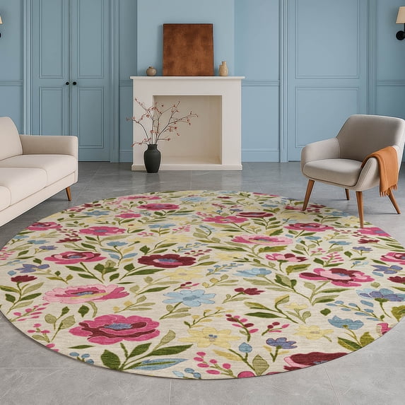 Addison Rugs Chantille Indoor/Outdoor Transitional Floral Linen Machine Washable Round Rug, 8' x 8'