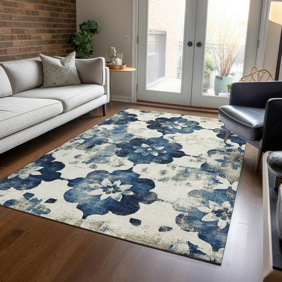 Addison Rugs Chantille Indoor/Outdoor Transitional Floral Navy Machine Washable Rectangle Rug, 10' x 14'