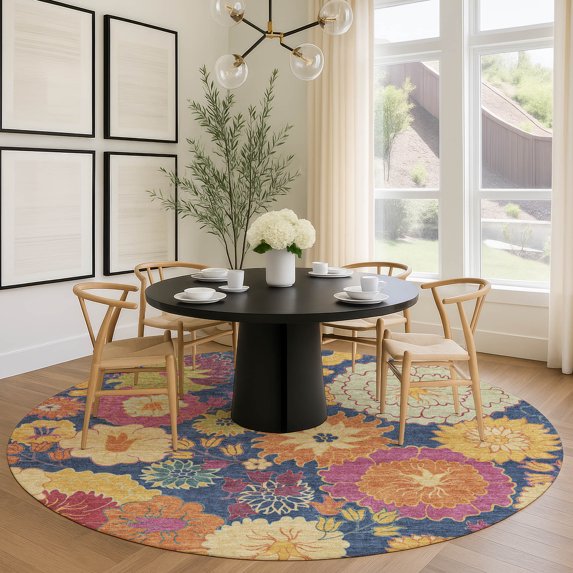 Addison Rugs Chantille Indoor/Outdoor Transitional Floral Navy Machine Washable Round Rug, 8' x 8'