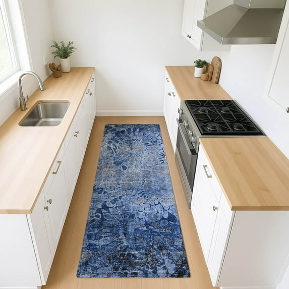 Addison Rugs Chantille Indoor/Outdoor Transitional Floral Navy Machine Washable Runner Rug, 2'3" x 7'6"