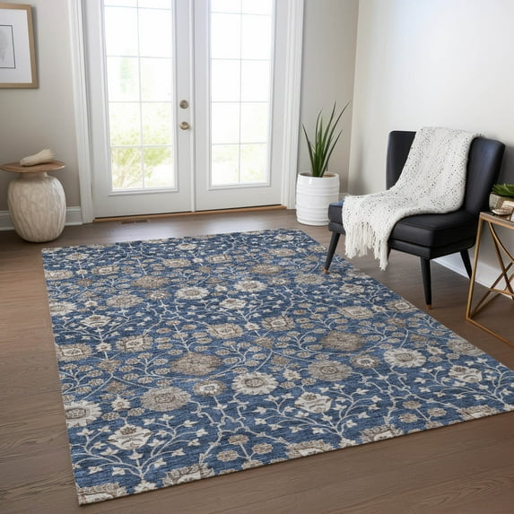 Addison Rugs Chantille Indoor/Outdoor Transitional Floral Navy Washable Rectangle Rug, 8' x 10'