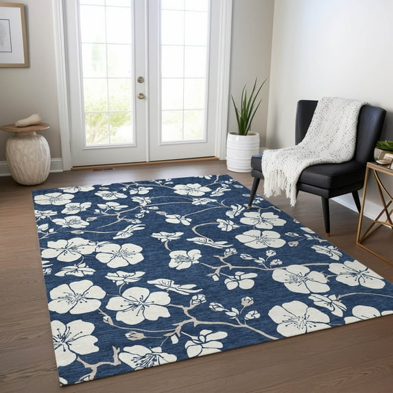 Addison Rugs Chantille Indoor/Outdoor Transitional Floral Navy Washable Rectangle Rug, 8' x 10'