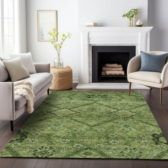 Addison Rugs Chantille Indoor/Outdoor Transitional Floral Olive Washable Rectangle Rug, 3' x 5'