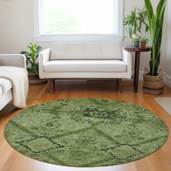 Addison Rugs Chantille Indoor/Outdoor Transitional Floral Olive Washable Round Rug, 8' x 8'