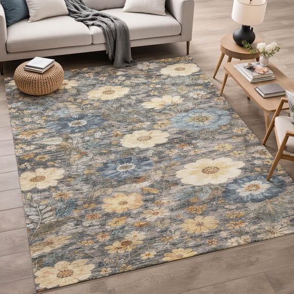 Addison Rugs Chantille Indoor/Outdoor Transitional Floral Pewter Machine Washable Rectangle Rug, 10' x 14'