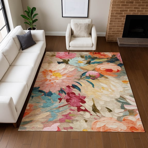 Addison Rugs Chantille Indoor/Outdoor Transitional Floral Putty Machine Washable Rectangle Rug, 5' x 7'6"