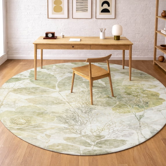 Addison Rugs Chantille Indoor/Outdoor Transitional Floral Sage Machine Washable Round Rug, 8' x 8'