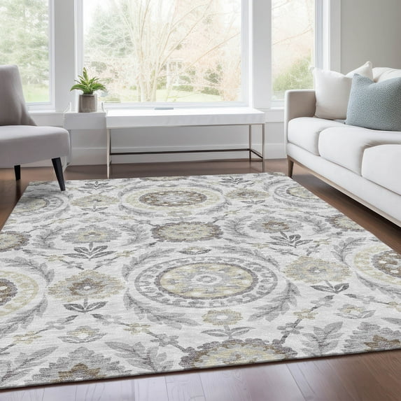 Addison Rugs Chantille Indoor/Outdoor Transitional Floral Silver Washable Rectangle Rug, 3' x 5'