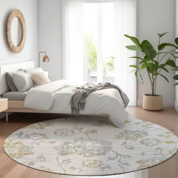 Addison Rugs Chantille Indoor/Outdoor Transitional Floral Silver Washable Round Rug, 8' x 8'