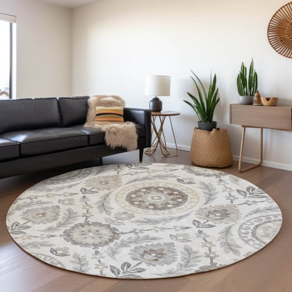 Addison Rugs Chantille Indoor/Outdoor Transitional Floral Silver Washable Round Rug, 8' x 8'